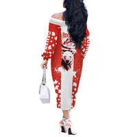 Canada Bear Off The Shoulder Long Sleeve Dress with Maple Leaf and Rocky Mountain Design