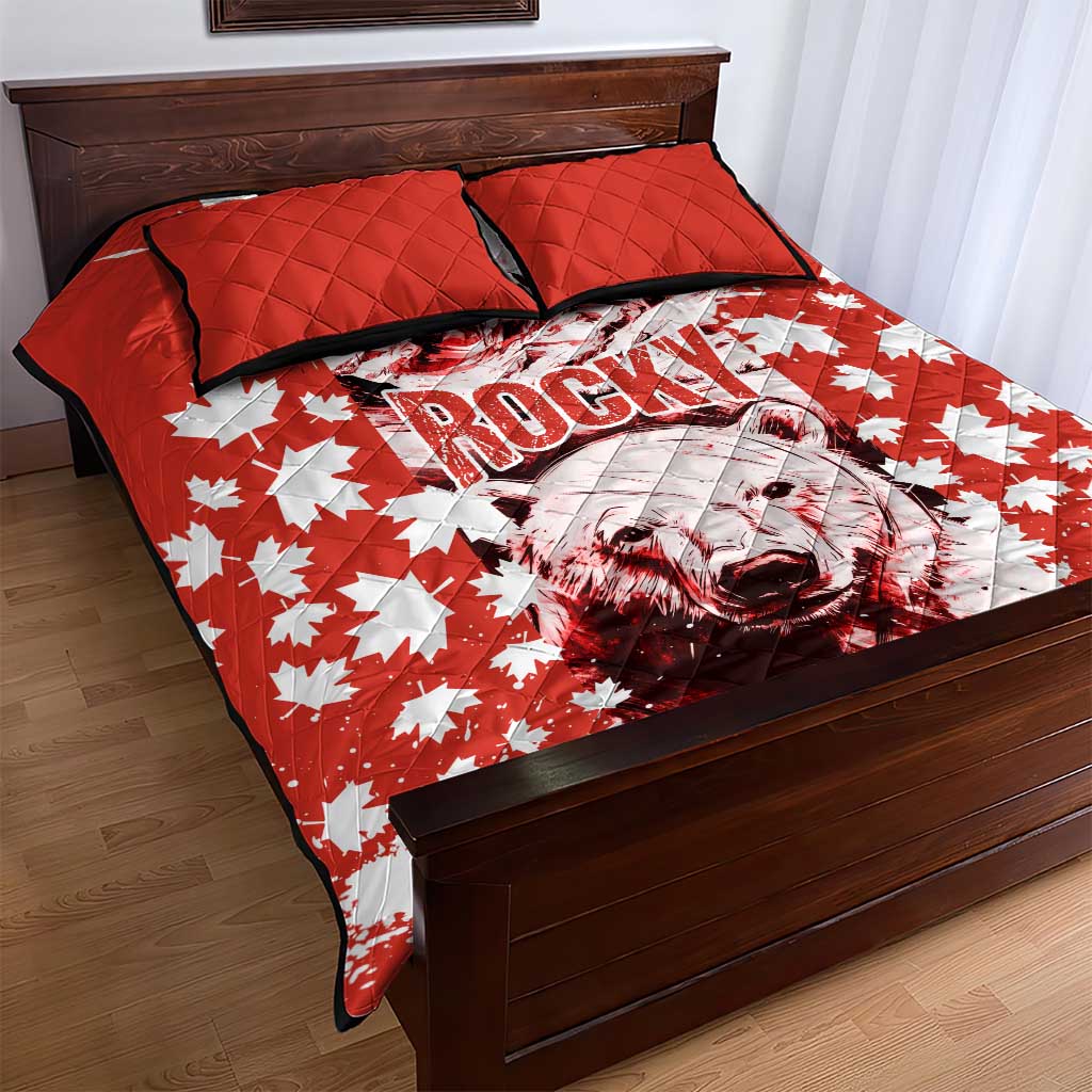Canada Bear Quilt Bed Set with Maple Leaf and Rocky Mountain Design