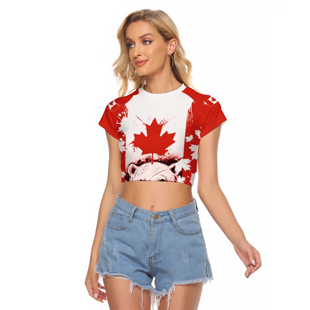Canada Bear Raglan Cropped T Shirt with Maple Leaf and Rocky Mountain Design