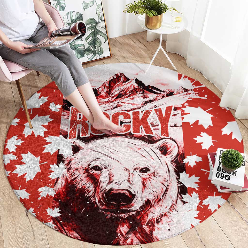 Canada Bear Round Carpet with Maple Leaf and Rocky Mountain Design