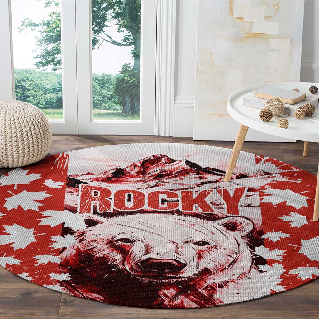 Canada Bear Round Carpet with Maple Leaf and Rocky Mountain Design