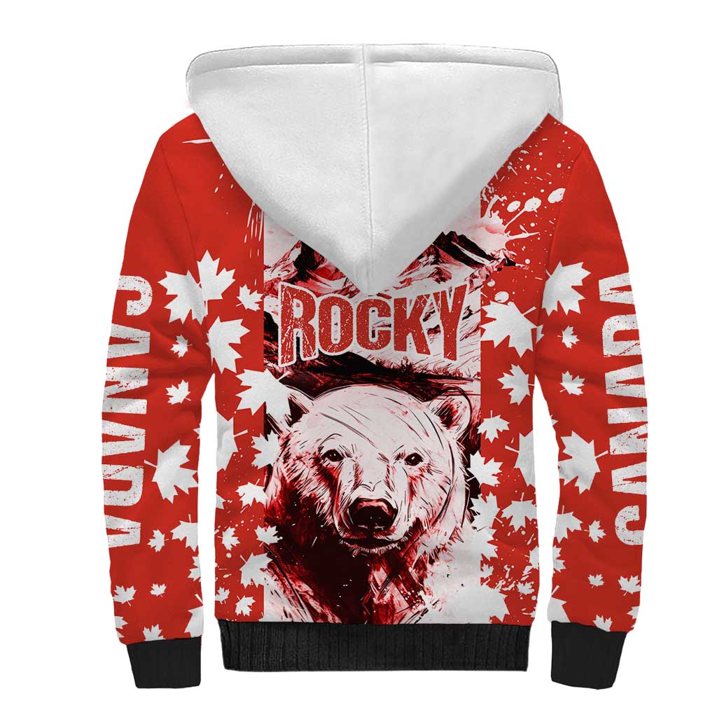 Canada Bear Sherpa Hoodie with Maple Leaf and Rocky Mountain Design
