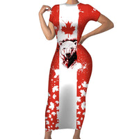 Canada Bear Short Sleeve Bodycon Dress with Maple Leaf and Rocky Mountain Design
