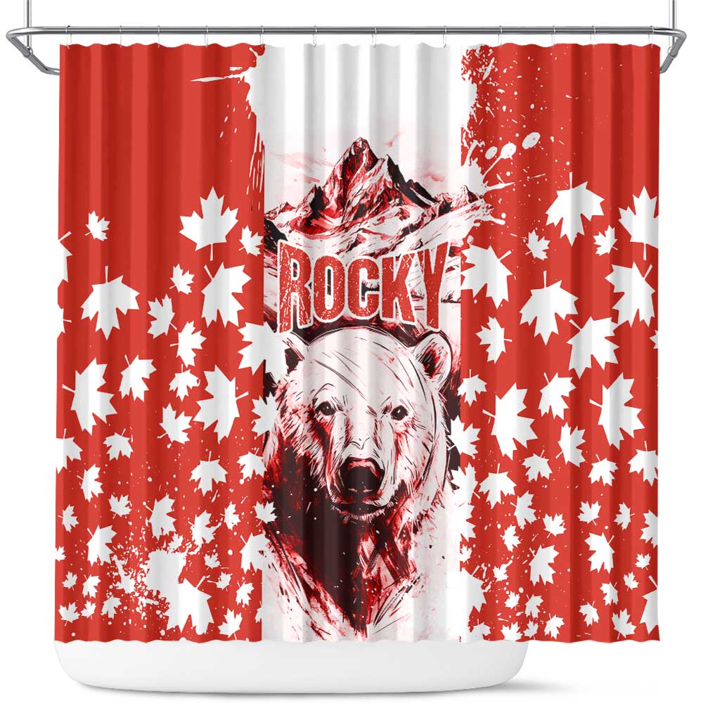 Canada Bear Shower Curtain with Maple Leaf and Rocky Mountain Design