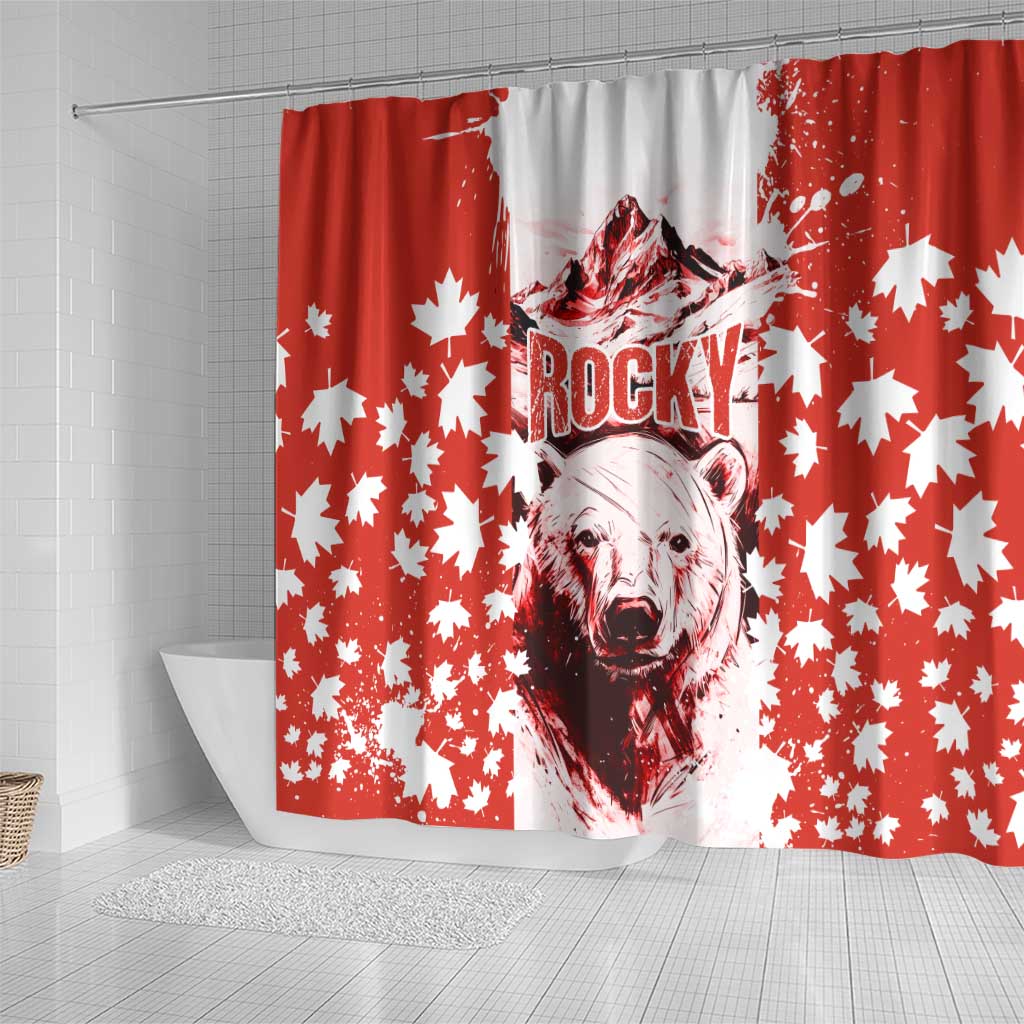 Canada Bear Shower Curtain with Maple Leaf and Rocky Mountain Design