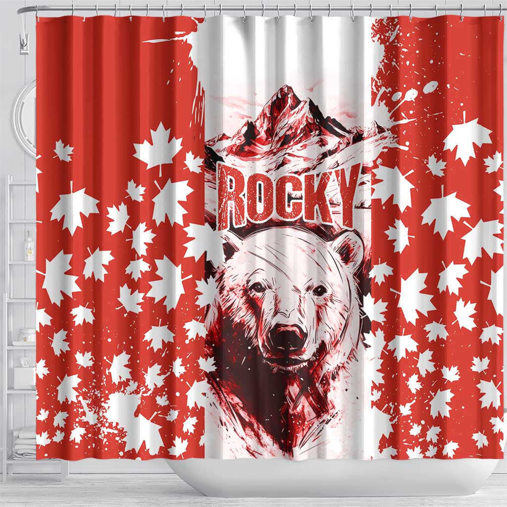 Canada Bear Shower Curtain with Maple Leaf and Rocky Mountain Design
