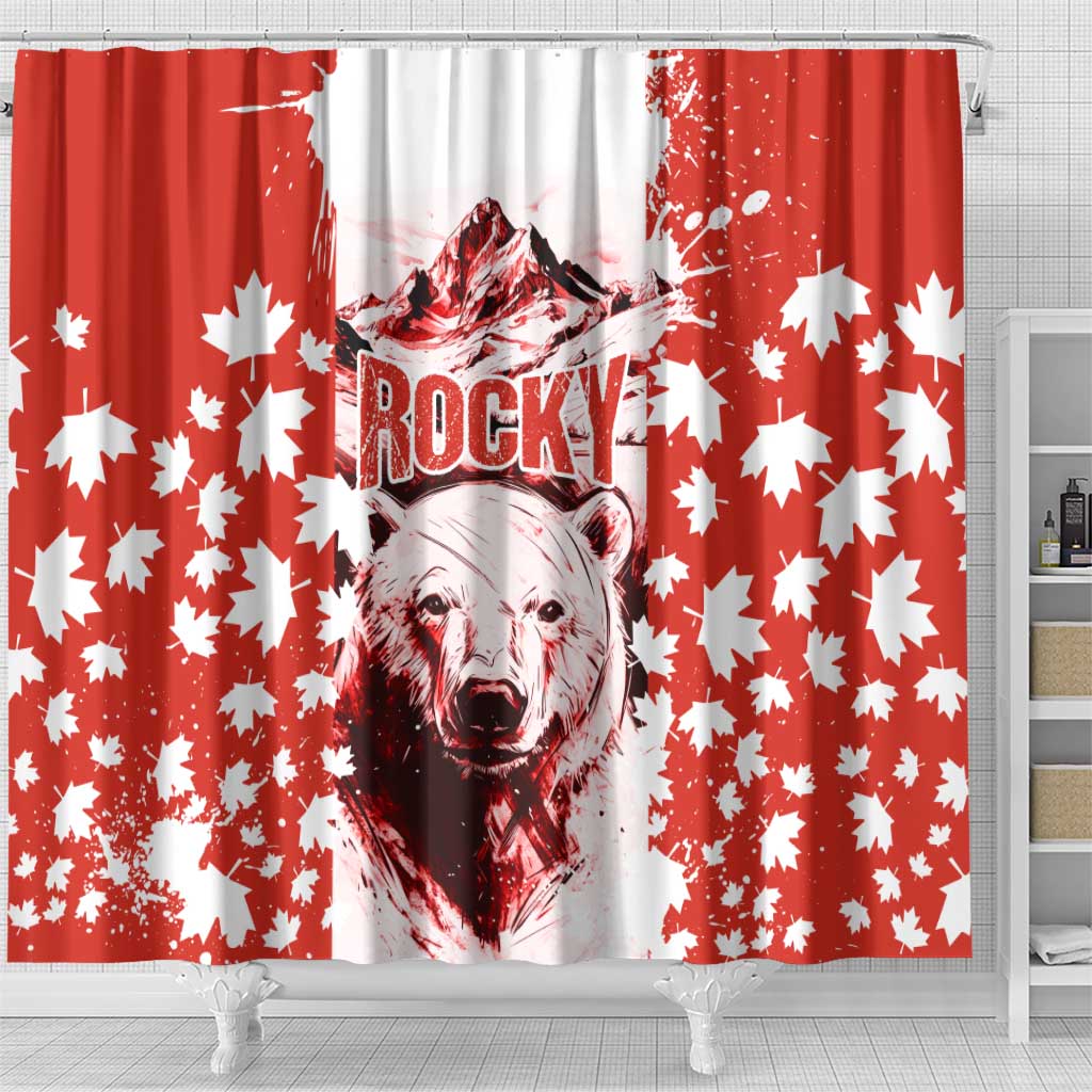 Canada Bear Shower Curtain with Maple Leaf and Rocky Mountain Design