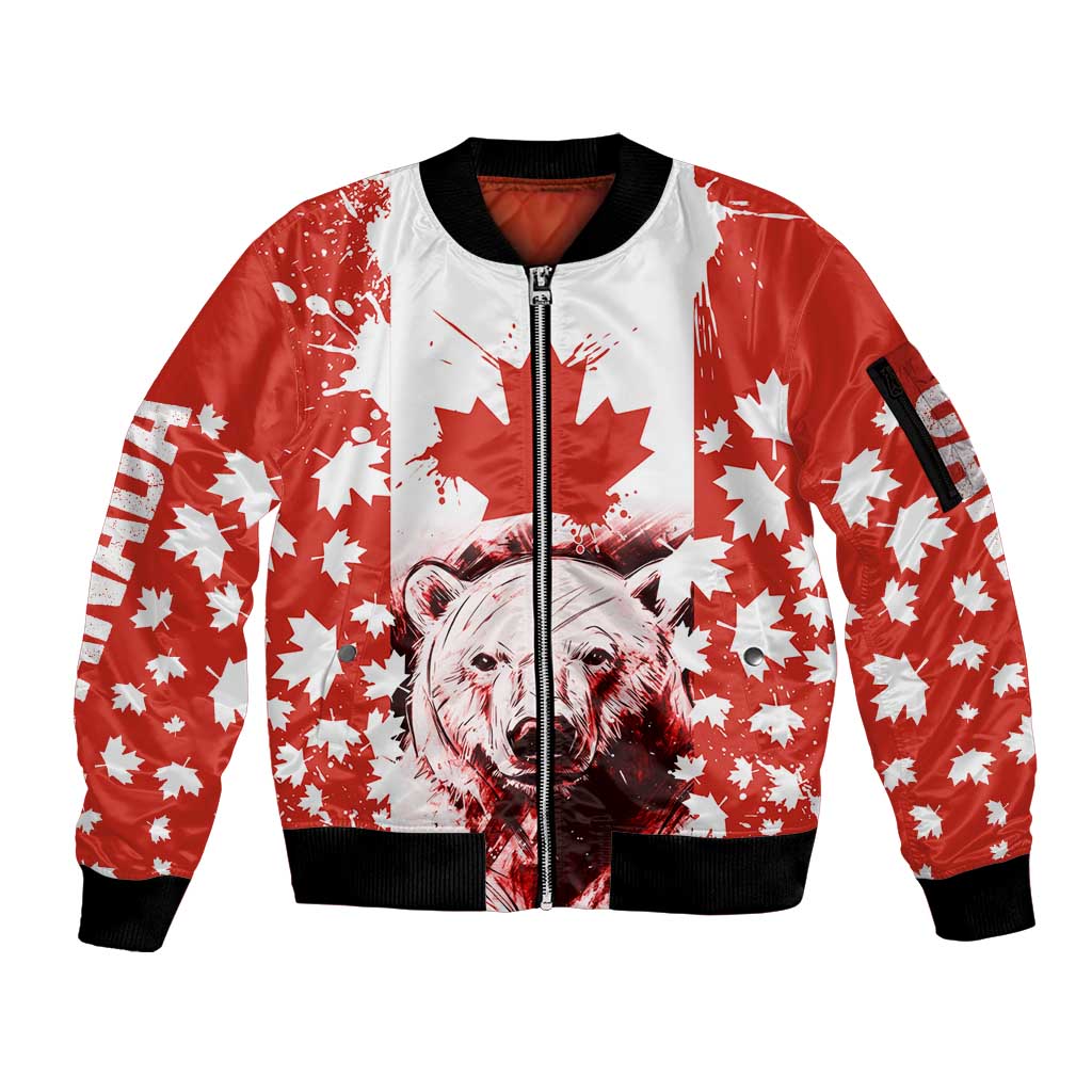 Canada Bear Sleeve Zip Bomber Jacket with Maple Leaf and Rocky Mountain Design
