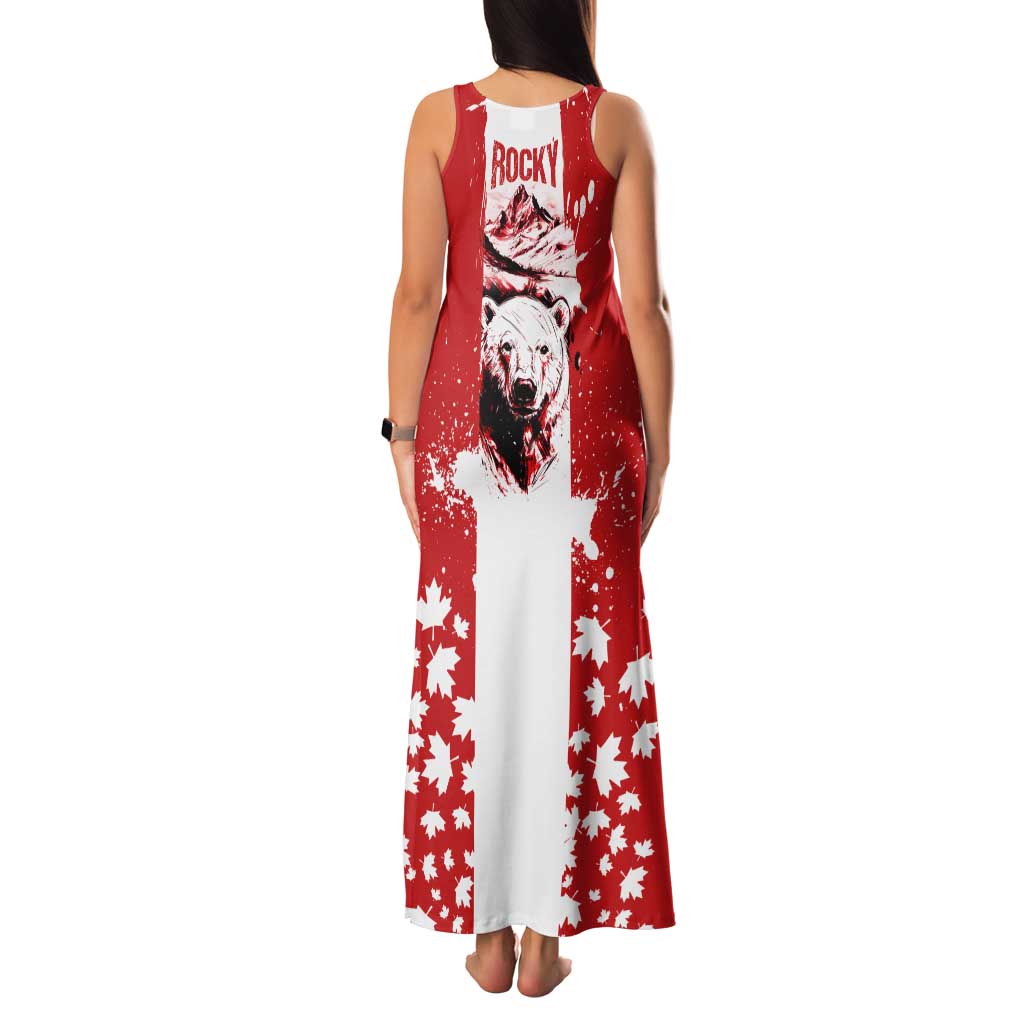Canada Bear Tank Maxi Dress with Maple Leaf and Rocky Mountain Design