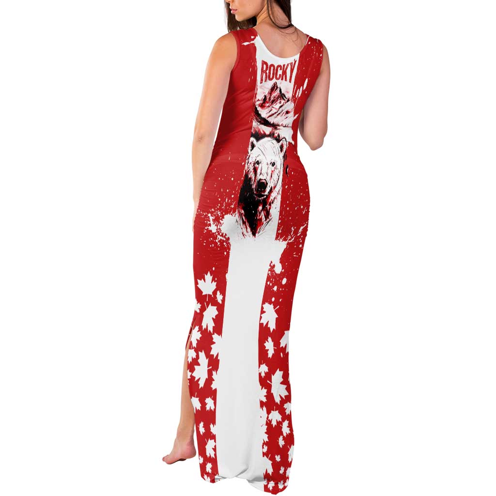 Canada Bear Tank Maxi Dress with Maple Leaf and Rocky Mountain Design