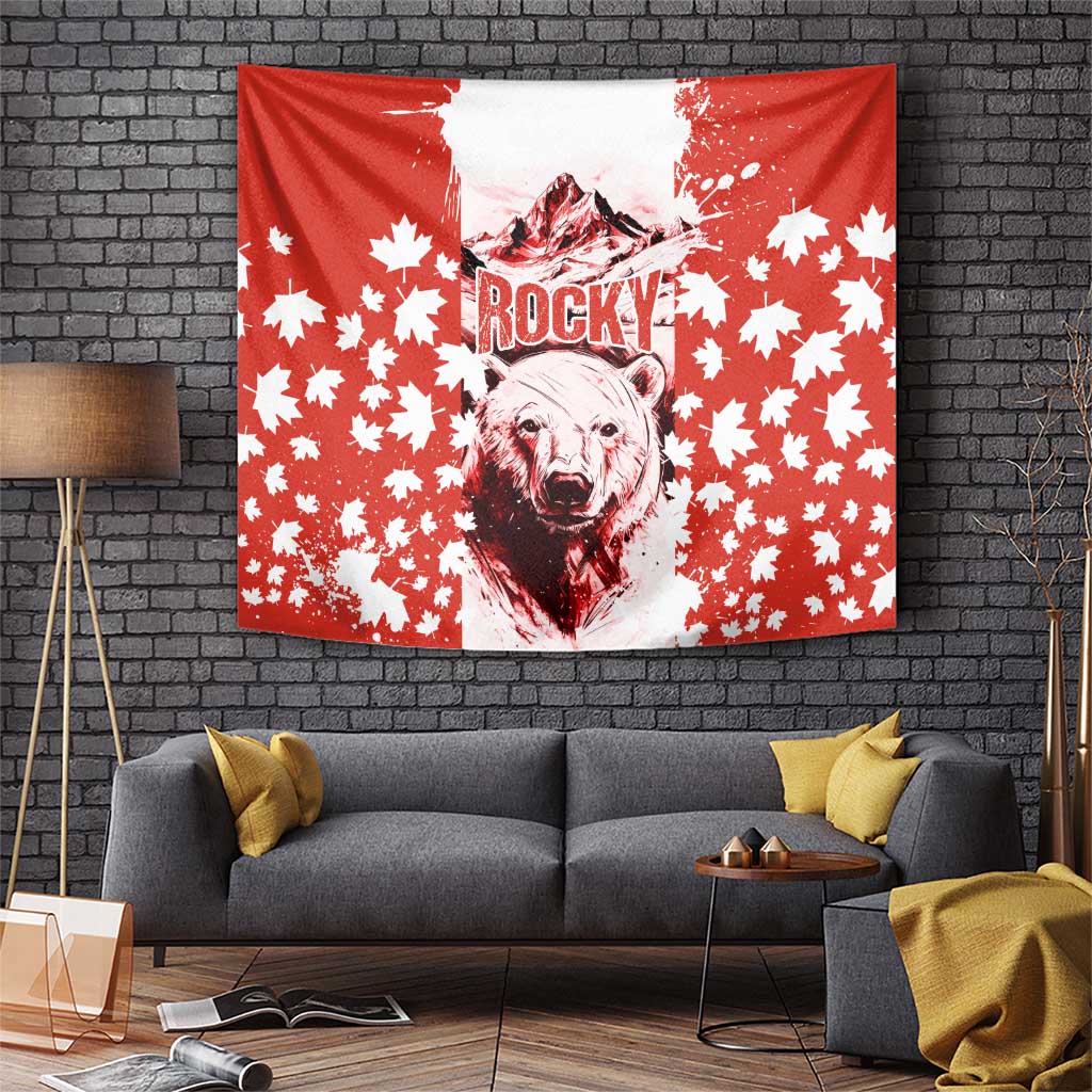 Canada Bear Tapestry with Maple Leaf and Rocky Mountain Design