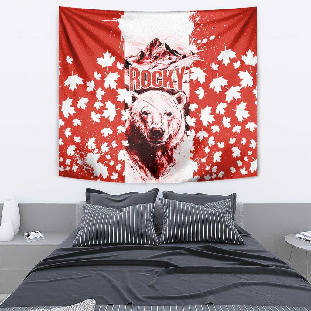 Canada Bear Tapestry with Maple Leaf and Rocky Mountain Design