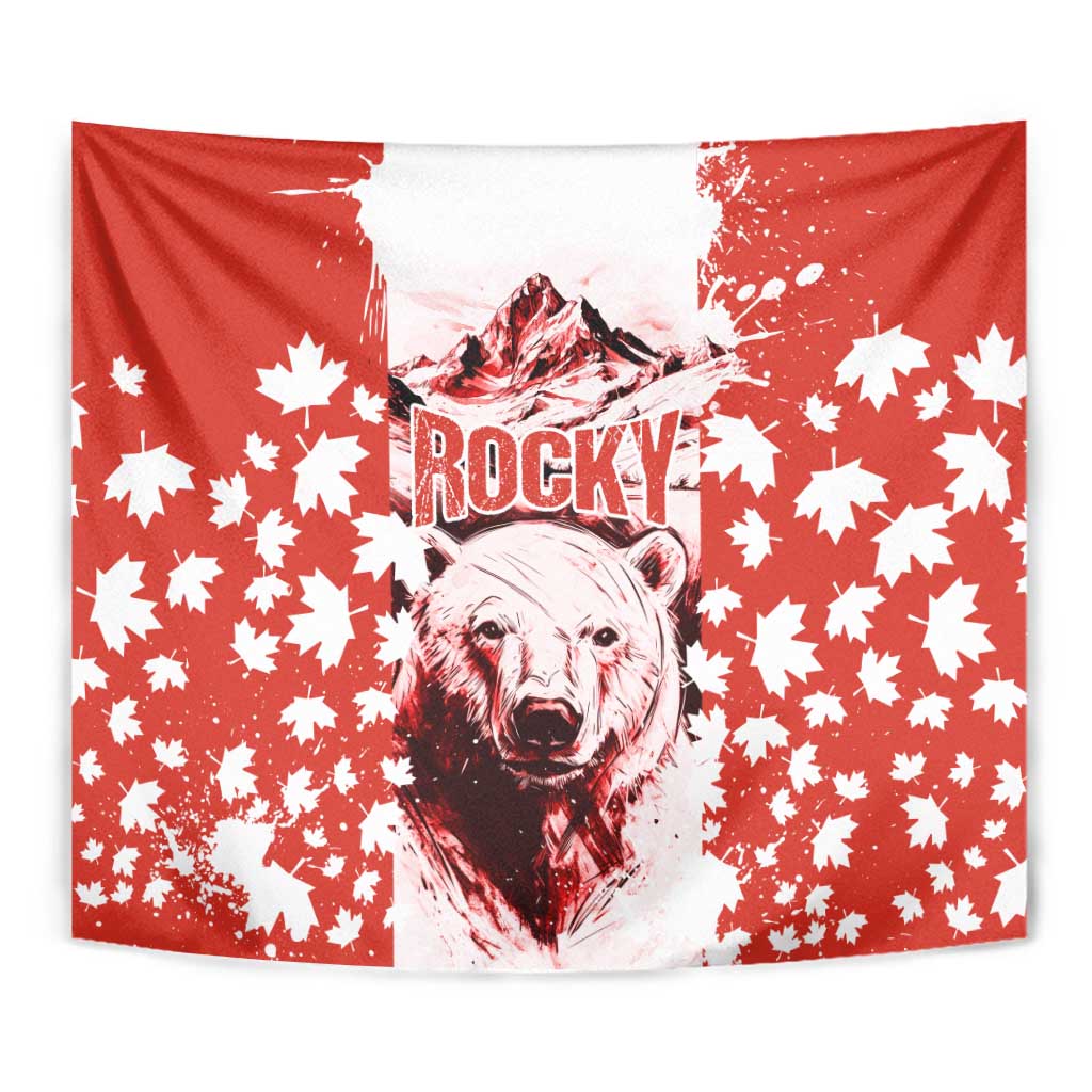 Canada Bear Tapestry with Maple Leaf and Rocky Mountain Design