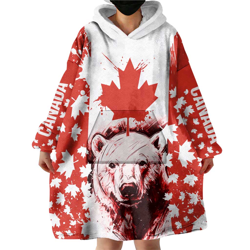 Canada Bear Wearable Blanket Hoodie with Maple Leaf and Rocky Mountain Design