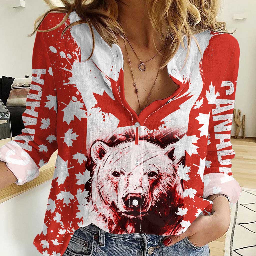Canada Bear Women Casual Shirt with Maple Leaf and Rocky Mountain Design