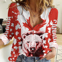 Canada Bear Women Casual Shirt with Maple Leaf and Rocky Mountain Design