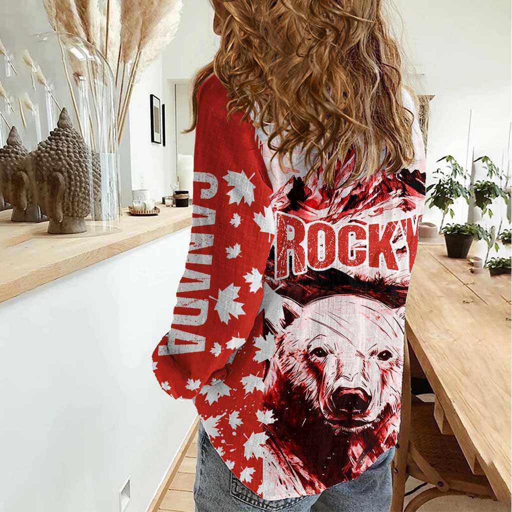 Canada Bear Women Casual Shirt with Maple Leaf and Rocky Mountain Design