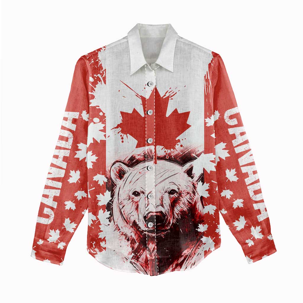 Canada Bear Women Casual Shirt with Maple Leaf and Rocky Mountain Design