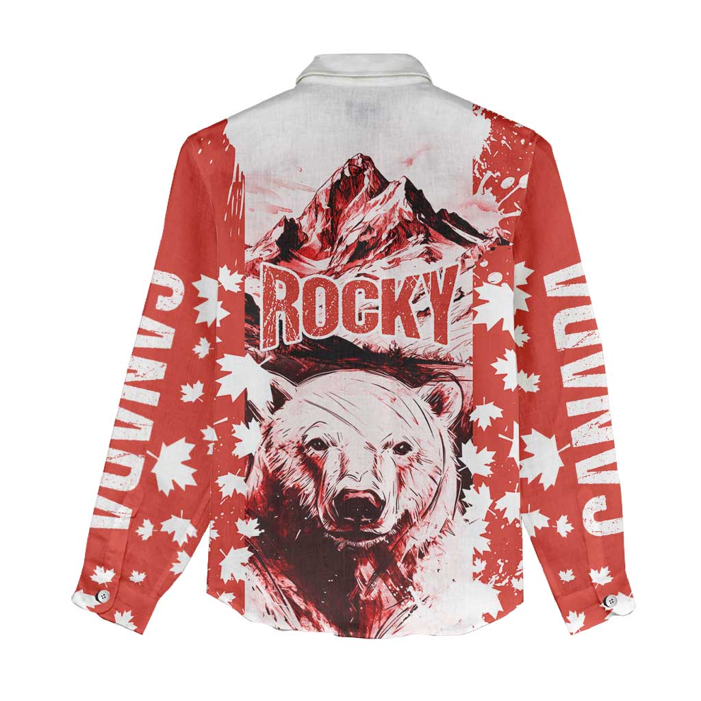 Canada Bear Women Casual Shirt with Maple Leaf and Rocky Mountain Design