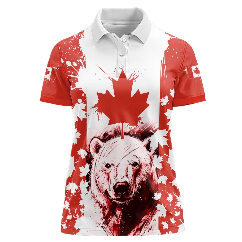 Canada Bear Women Polo Shirt with Maple Leaf and Rocky Mountain Design