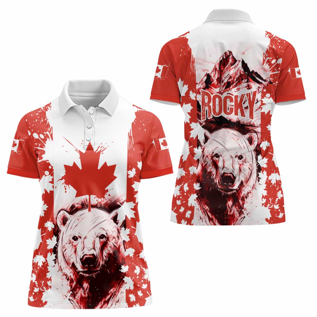 Canada Bear Women Polo Shirt with Maple Leaf and Rocky Mountain Design