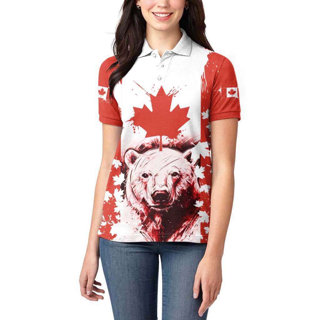 Canada Bear Women Polo Shirt with Maple Leaf and Rocky Mountain Design