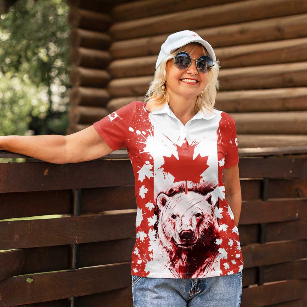 Canada Bear Women Polo Shirt with Maple Leaf and Rocky Mountain Design