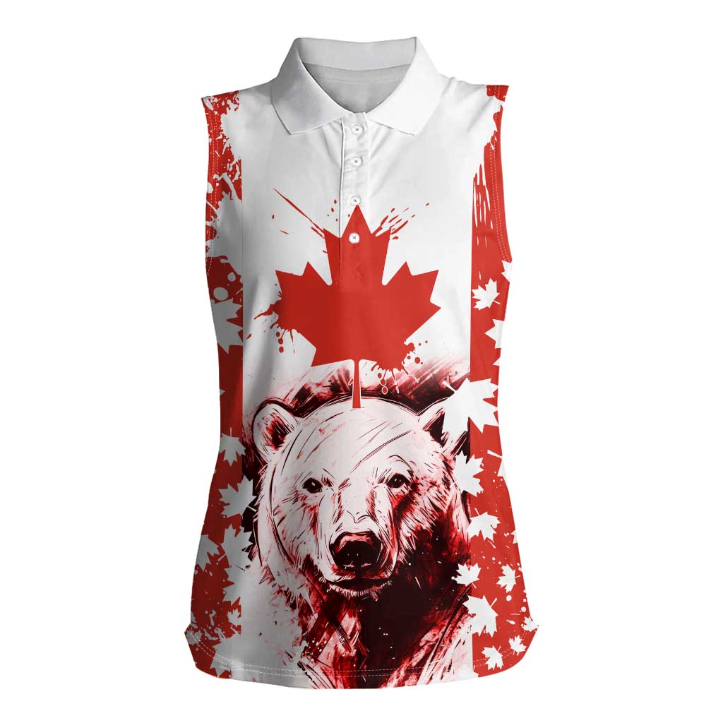 Canada Bear Women Sleeveless Polo Shirt with Maple Leaf and Rocky Mountain Design