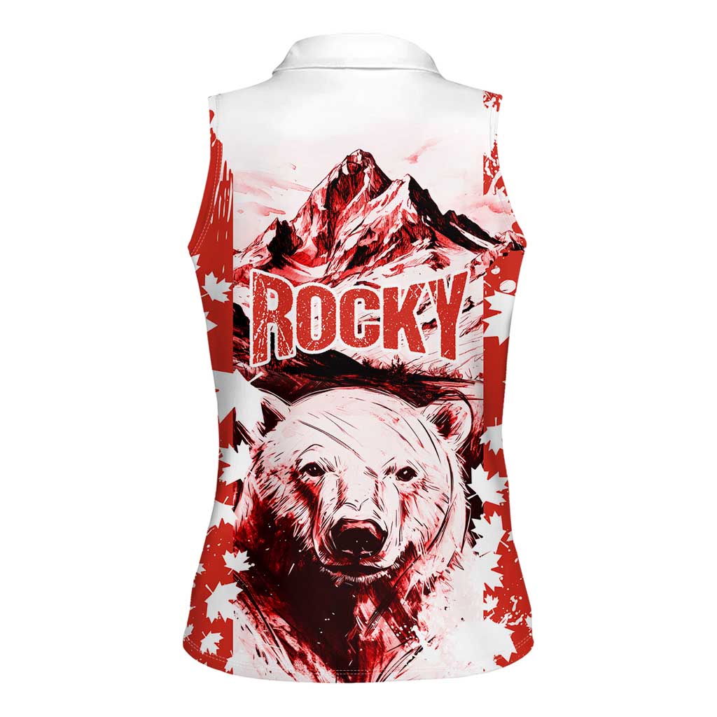 Canada Bear Women Sleeveless Polo Shirt with Maple Leaf and Rocky Mountain Design