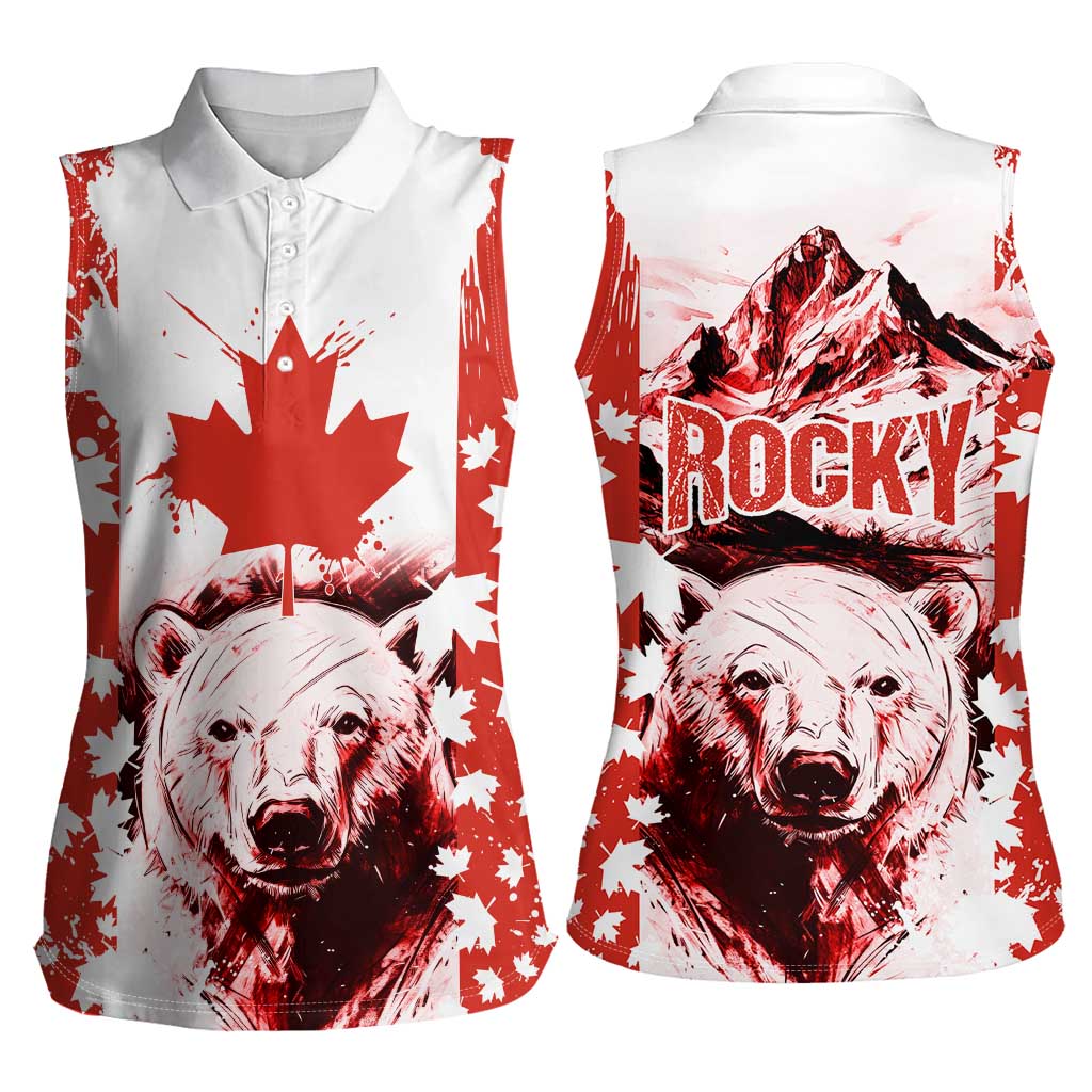 Canada Bear Women Sleeveless Polo Shirt with Maple Leaf and Rocky Mountain Design
