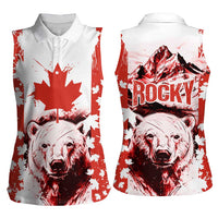 Canada Bear Women Sleeveless Polo Shirt with Maple Leaf and Rocky Mountain Design