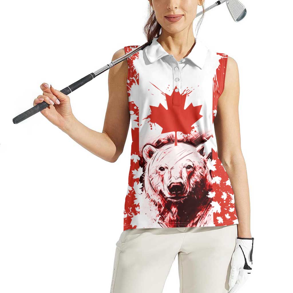 Canada Bear Women Sleeveless Polo Shirt with Maple Leaf and Rocky Mountain Design