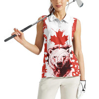 Canada Bear Women Sleeveless Polo Shirt with Maple Leaf and Rocky Mountain Design
