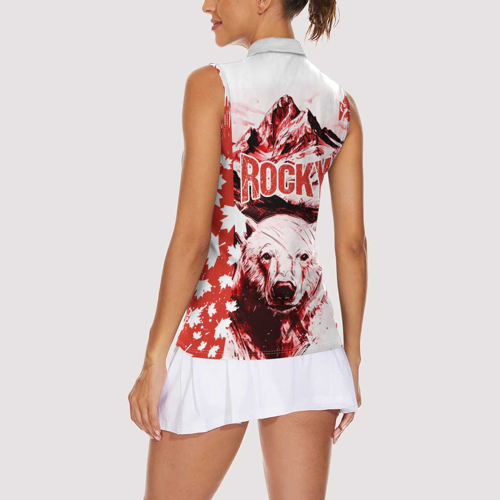 Canada Bear Women Sleeveless Polo Shirt with Maple Leaf and Rocky Mountain Design