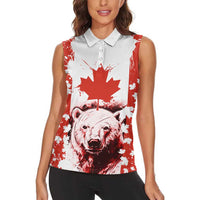 Canada Bear Women Sleeveless Polo Shirt with Maple Leaf and Rocky Mountain Design