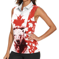 Canada Bear Women Sleeveless Polo Shirt with Maple Leaf and Rocky Mountain Design