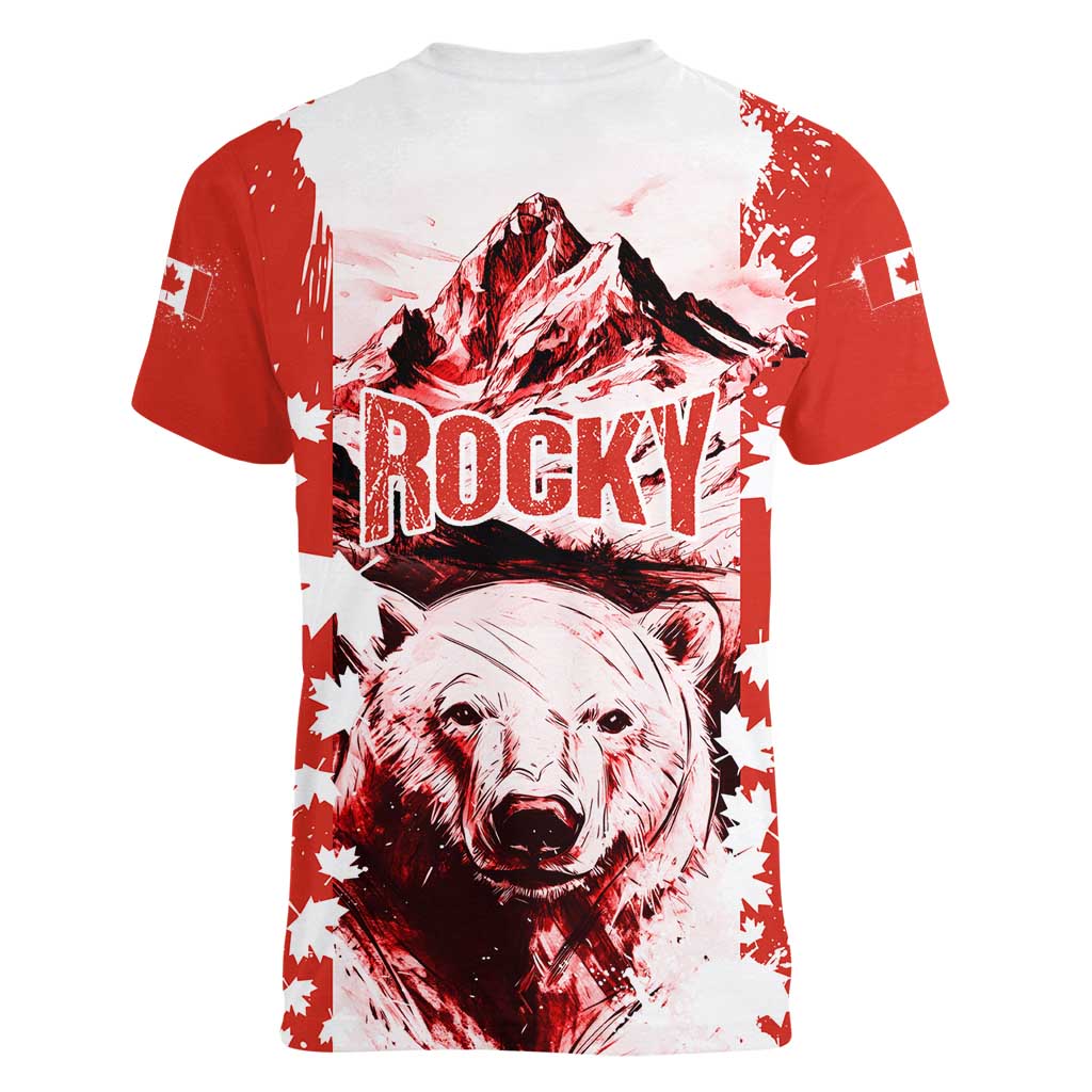 Canada Bear Women V-Neck T-Shirt with Maple Leaf and Rocky Mountain Design