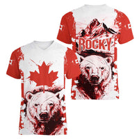 Canada Bear Women V-Neck T-Shirt with Maple Leaf and Rocky Mountain Design