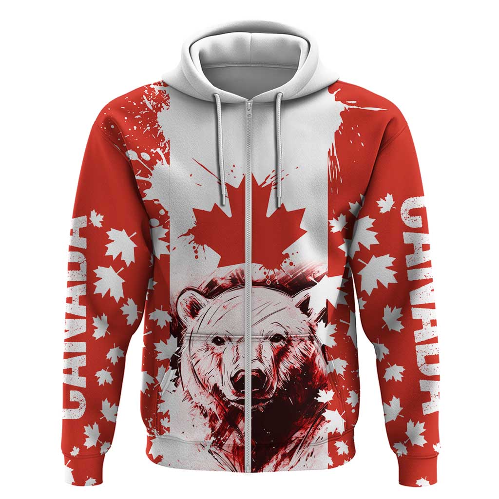 Canada Bear Zip Hoodie with Maple Leaf and Rocky Mountain Design