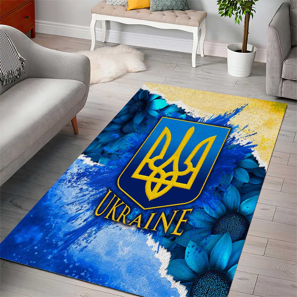 Trident Emblem Ukraine Area Rug with Blue Sunflowers and Flag Colors Design