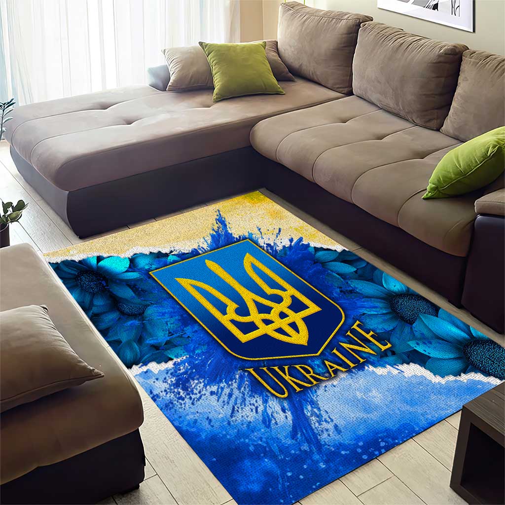 Trident Emblem Ukraine Area Rug with Blue Sunflowers and Flag Colors Design