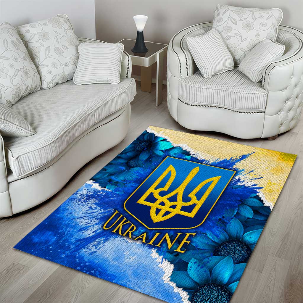Trident Emblem Ukraine Area Rug with Blue Sunflowers and Flag Colors Design