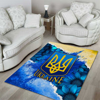 Trident Emblem Ukraine Area Rug with Blue Sunflowers and Flag Colors Design