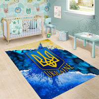 Trident Emblem Ukraine Area Rug with Blue Sunflowers and Flag Colors Design