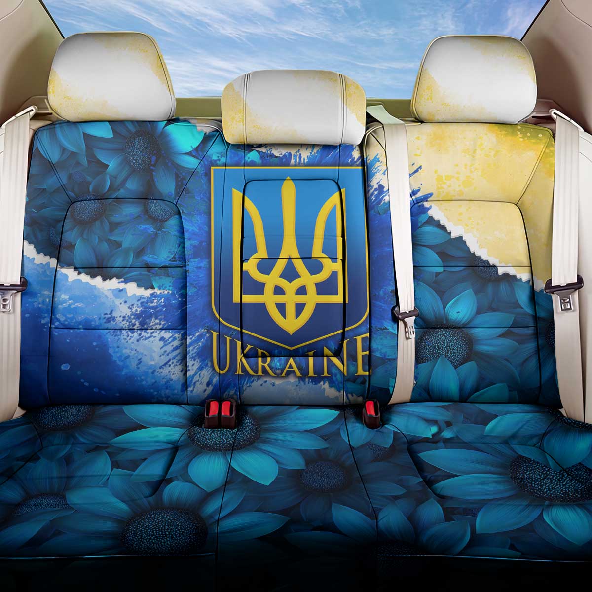Trident Emblem Ukraine Back Car Seat Cover with Blue Sunflowers and Flag Colors Design