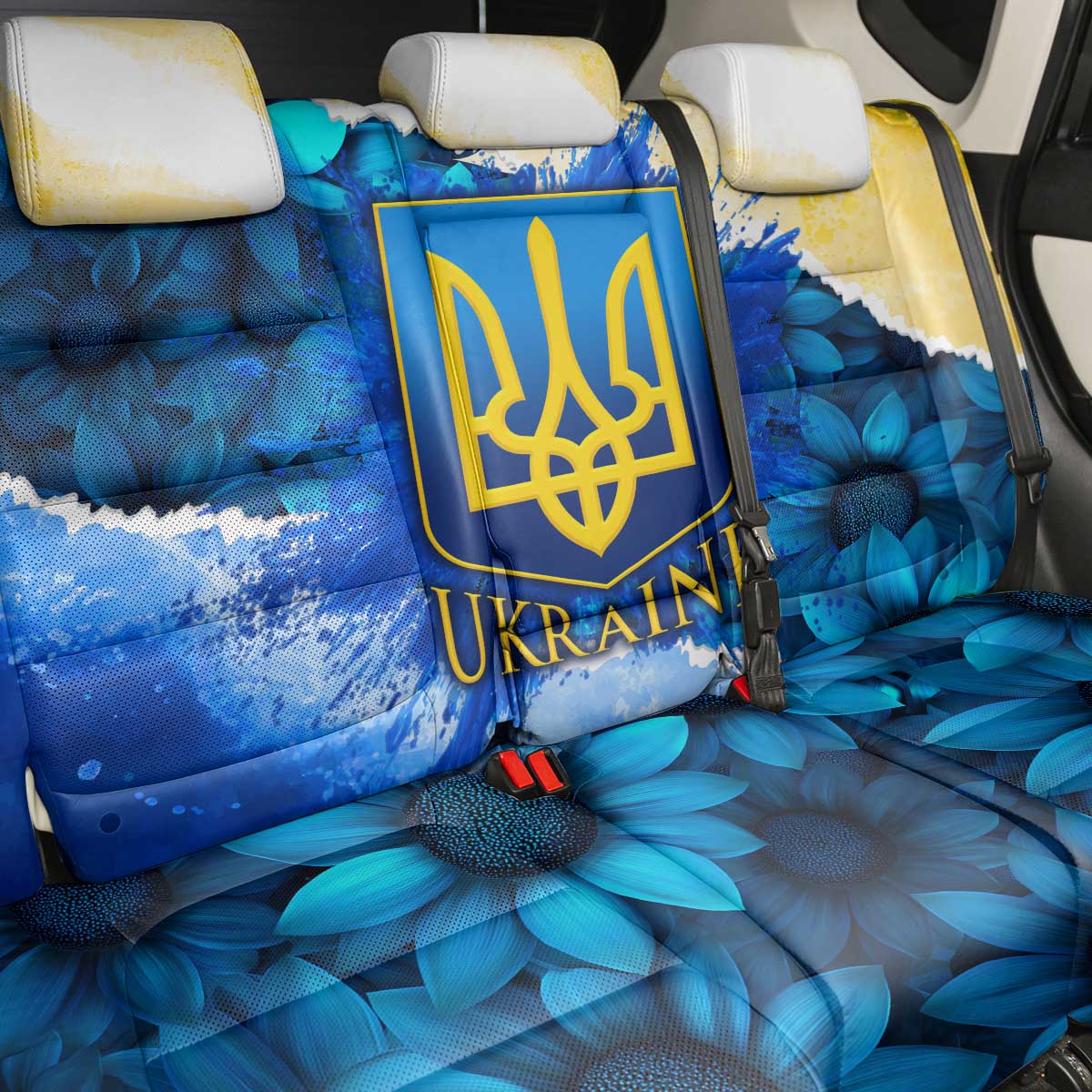 Trident Emblem Ukraine Back Car Seat Cover with Blue Sunflowers and Flag Colors Design