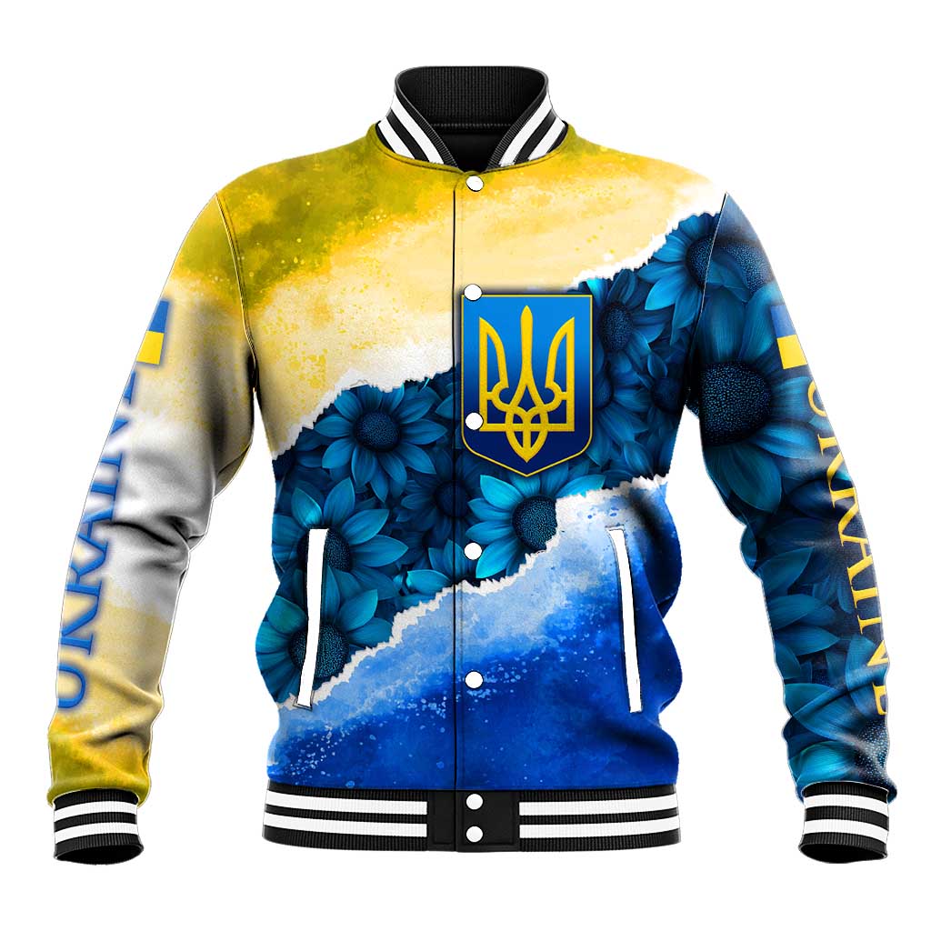 Trident Emblem Ukraine Baseball Jacket with Blue Sunflowers and Flag Colors Design