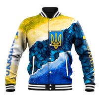 Trident Emblem Ukraine Baseball Jacket with Blue Sunflowers and Flag Colors Design