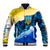 Trident Emblem Ukraine Baseball Jacket with Blue Sunflowers and Flag Colors Design