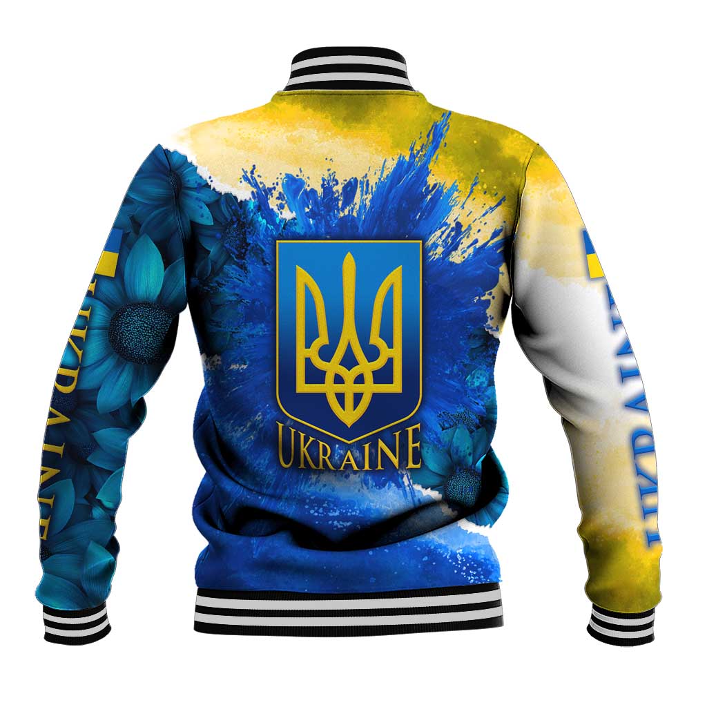 Trident Emblem Ukraine Baseball Jacket with Blue Sunflowers and Flag Colors Design
